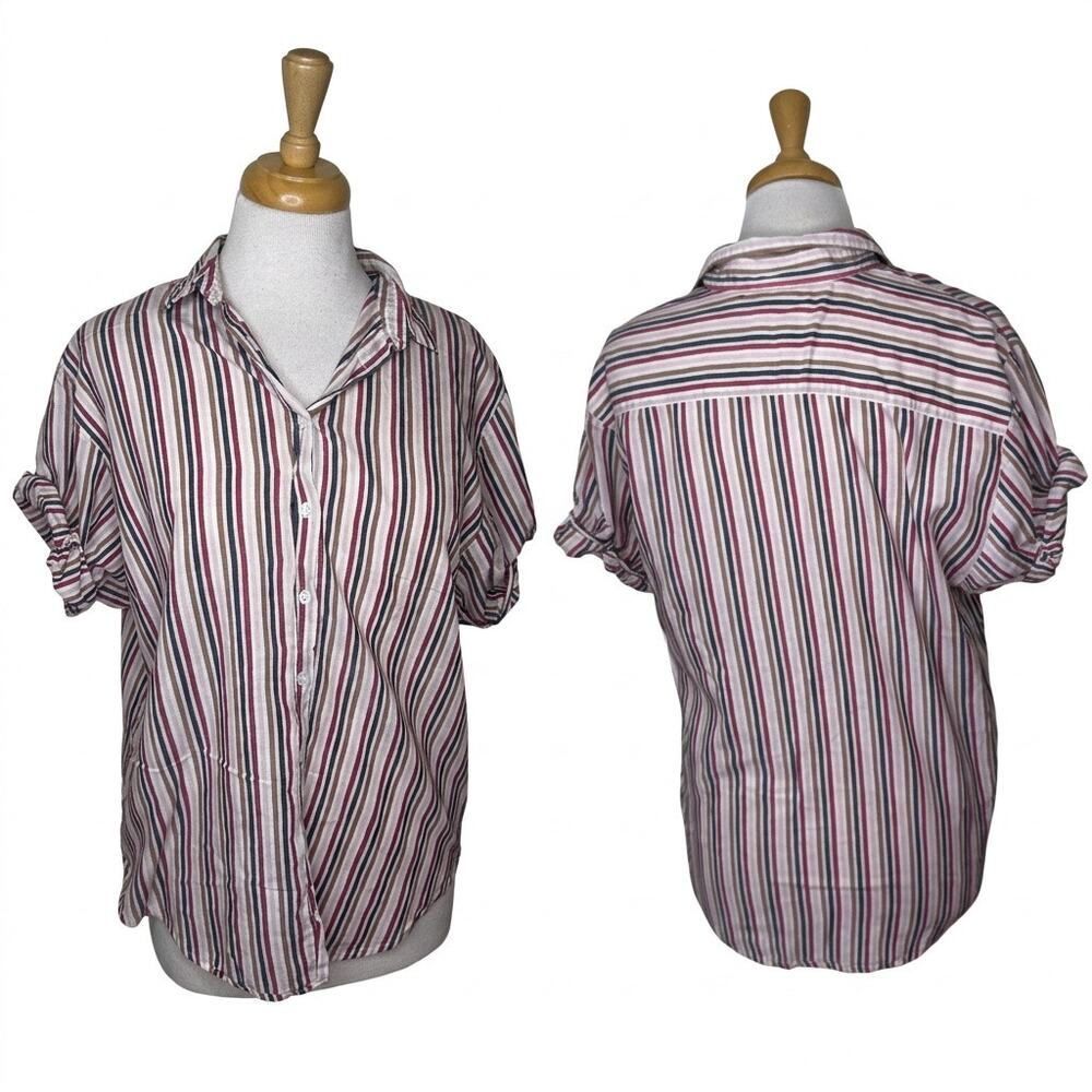 XIRENA rolled short sleeve striped button up cotton shirt natural blush SMALL